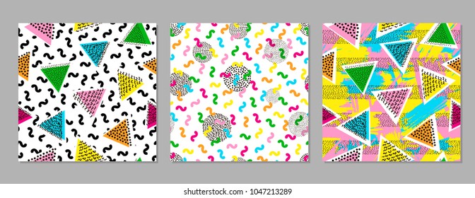 Colorful geometric seamless patterns. Bright backgrounds. 80's - 90's years design style. Trendy. Vector illustration