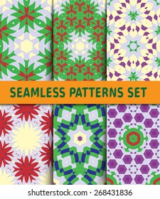Colorful geometric seamless patterns set. 6 illustrations and Swatch.