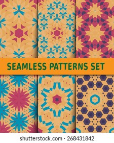 Colorful geometric seamless patterns set. 6 illustrations and Swatch.