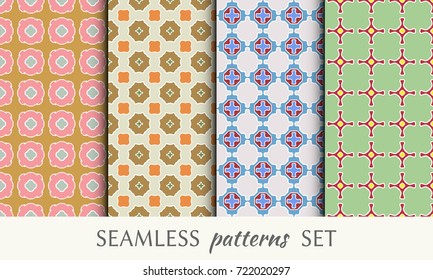 Colorful geometric seamless patterns set. Endless trendy graphic texture for wallpaper, packaging, pattern fill, invitation, card, banner, flyer, fabric . Decorative ornamental seamless backgrounds