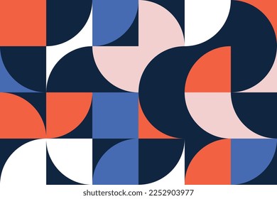 Colorful geometric seamless pattrens in the Bauhaus style. Abstract decorative tileable background with squares, semicircles, hilf-circles geometry shapes