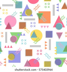 Colorful geometric seamless vector pattern in memphis style