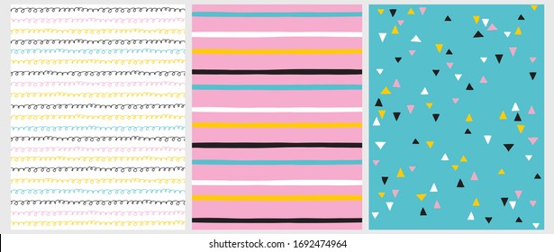 Patrones de vectores geométricos sin soldadura coloridos. Líneas dibujadas a mano sobre pequeños triángulos rosados sobre un azul y bucles sobre un fondo blanco. Diseños de partido divertidos negros, amarillos, azules, blancos y rosas. 