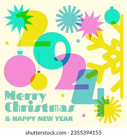 Colorful geometric shape background in trendy riso graph print texture style. Vector illustrator. Merry risograph christmas and happy new year modern background for design and card, covers, package