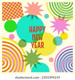 Colorful geometric shape background in trendy riso graph print texture style. Vector illustrator. Merry risograph christmas and happy new year modern background for design and card, covers, package