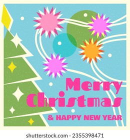 Colorful geometric shape background in trendy riso graph print texture style. Vector illustrator. Merry risograph christmas and happy new year modern background for design and card, covers, package