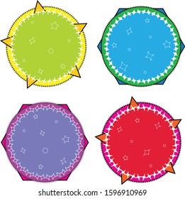 Colorful geometric shape blank vector frames set for gift tags. Whimsical circle illustrations with tiny stars. 