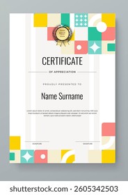 Colorful Geometric Shape Certificate Of Appreciation Template With Decorative Badges