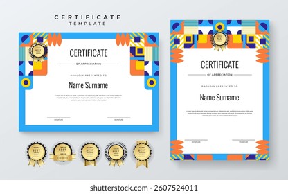 Colorful Geometric Shape Certificate Of Appreciation Template With Decorative Badges
