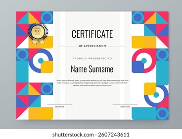 Colorful Geometric Shape Certificate Design Template With Award Badges. Comes with award badges for a professional presentation of accomplishment and recognition