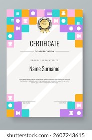 Colorful Geometric Shape Certificate Design Template With Award Badges. Comes with award badges for a professional presentation of accomplishment and recognition