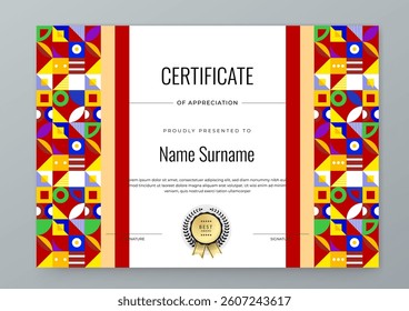 Colorful Geometric Shape Certificate Design Template With Award Badges. Comes with award badges for a professional presentation of accomplishment and recognition
