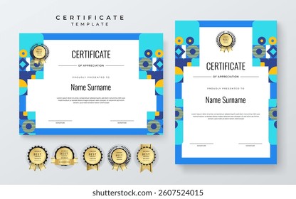 Colorful Geometric Shape Certificate Design Template With Award Badges. Comes with award badges for a professional presentation of accomplishment and recognition