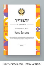 Colorful Geometric Shape Certificate Design Template With Award Badges. Comes with award badges for a professional presentation of accomplishment and recognition