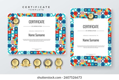 Colorful Geometric Shape Certificate Design Template With Award Badges. Comes with award badges for a professional presentation of accomplishment and recognition