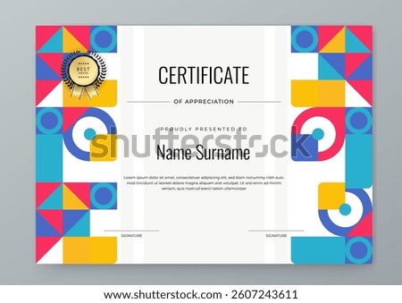 Colorful Geometric Shape Certificate Design Template With Award Badges. Comes with award badges for a professional presentation of accomplishment and recognition