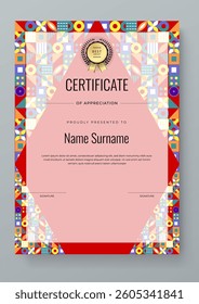 Colorful Geometric Shape Certificate Template For Appreciation and Achievement. Features geometric shapes and award icons, perfect for professional or educational achievements