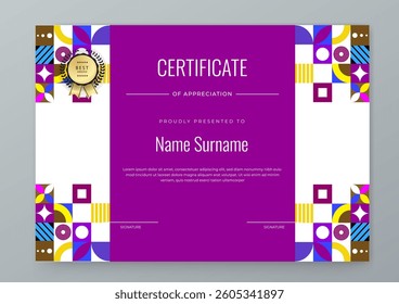Colorful Geometric Shape Certificate Template For Appreciation and Achievement. Features geometric shapes and award icons, perfect for professional or educational achievements
