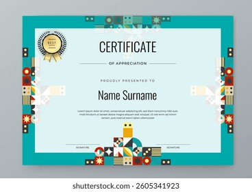 Colorful Geometric Shape Certificate Template For Appreciation and Achievement. Features geometric shapes and award icons, perfect for professional or educational achievements