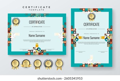 Colorful Geometric Shape Certificate Template For Appreciation and Achievement. Features geometric shapes and award icons, perfect for professional or educational achievements