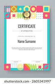 Colorful Geometric Shape Certificate Template With Modern Geometric Design. Simple certificate template geometric shapes. Perfect for professional or educational recognition needs