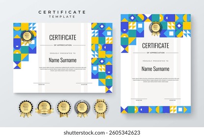 Colorful Geometric Shape Certificate Template For Appreciation and Achievement. Features geometric shapes and award icons, perfect for professional or educational achievements