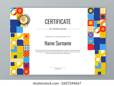 Colorful Geometric Shape Certificate Template For Appreciation and Achievement. Features geometric shapes and award icons, perfect for professional or educational achievements