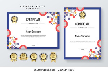 Colorful Geometric Shape Certificate Template For Appreciation and Achievement. Features geometric shapes and award icons, perfect for professional or educational achievements