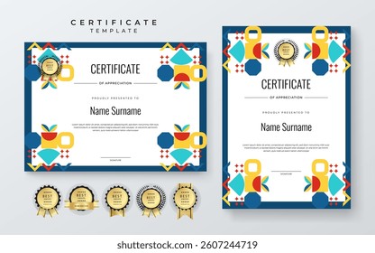 Colorful Geometric Shape Certificate Template For Appreciation and Achievement. Features geometric shapes and award icons, perfect for professional or educational achievements