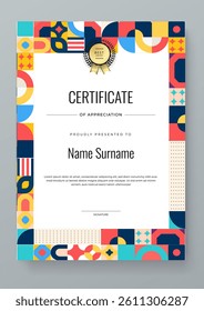Colorful Geometric Shape Certificate Template For Appreciation and Achievement. Features geometric shapes and award icons, perfect for professional or educational achievements