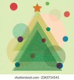 Colorful geometric shape Christmas tree overlap transparent with riso print effect vector illustration. Greeting card vintage printing style.