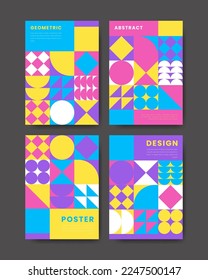 Forma geométrica colorida cubierta de mosaico de diseño plano y colección de afiches
