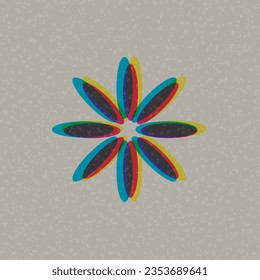 Farbige geometrische Form als Blume überschneidet sich transparent mit riso-gedruckter Vektorgrafik auf altem Papierhintergrund.