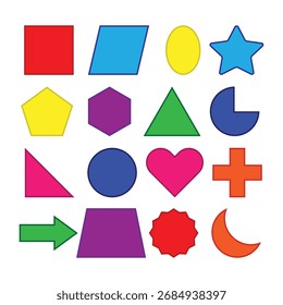 Conjunto de ícones de forma geométrica colorida. Coleção brilhante de figuras básicas incluindo estrela, círculo, quadrado, triângulo e coração isolado no fundo branco
