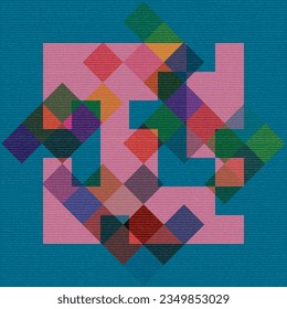 Colorful geometric shape overlap transparent with riso print effect vector illustration on blue background have blank space.