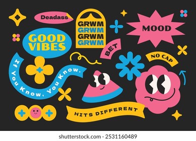 Colorful geometric shape quotes. Gen z and millenials slang words. Patch and badges funky groovy element collection