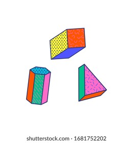 Colorful geometric shape set with 80s pop retro style patterns - isolated collection of cube, triangle and cylinder shapes with dotted, striped sides. Flat vector illustration.