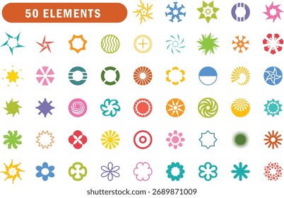 Colorful geometric shape set. Abstract, colorful, flower, star, spiral, decorative and more

