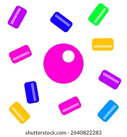 Colorful geometric shapes arranged in a dynamic pattern create a playful visual design on a white background, chewing gum