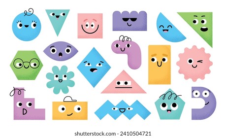 Colorful geometric shapes. Cartoon funny characters, bright different figures with cute faces, basic symbols, circle, square, vector set.eps
