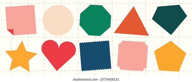 Colorful geometric shapes: circle, triangle, square, star, heart. Shapes in red, green, blue, yellow. Geometric shapes on a grid. Shapes for design. Memo element vector set.