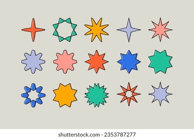 colorful geometric shapes collection with stars, starburst, flowers, in risograph vinatge print style.