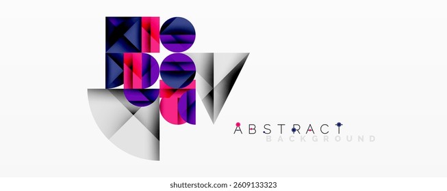 Colorful geometric shapes create abstract composition. Purple, blue, pink tones dominate design. Modern, vibrant aesthetic.
