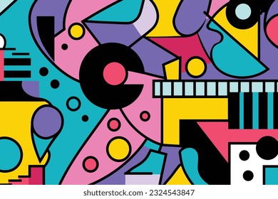 colorful geometric shapes in different colors, in the style of whimsical figures, geometric shapes patterns, memphis design, curvilinear shapes, abstract non-representational shapes, bold outlines