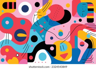 colorful geometric shapes in different colors, in the style of whimsical figures, geometric shapes patterns, memphis design, curvilinear shapes, abstract non-representational shapes, bold outlines