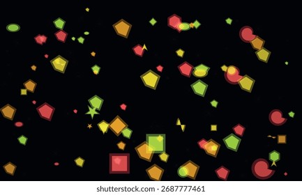 Coloridas Formas geométricas flotando en el espacio contra un diseño de fondo negro