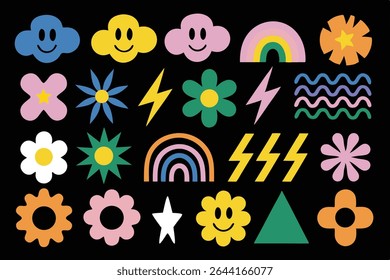 Colorful Geometric Shapes and Flowers on a Black Background