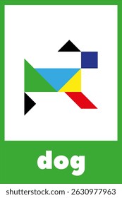 Colorful geometric shapes form a dog figure on a white background within a bright green border and the word 'dog' printed in white at the bottom.Tangram puzzle for children.Educational card for kids.