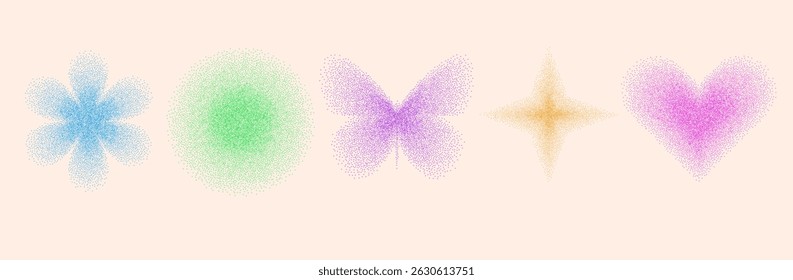 Colorful geometric shapes with grain noise gradient set. Y2k retro stippling forms set. Butterfly, circle, heart and star icons isolated on beige background. Vector pastel colors illustration.