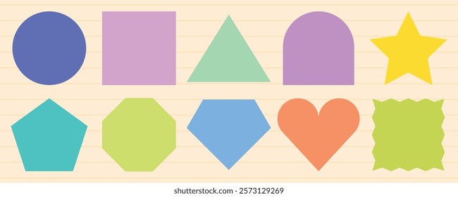 Colorful geometric shapes including circle, square, triangle, and star. Bright shapes on a lined background. Shapes like heart and hexagon in vibrant colors. Memo element vector set.